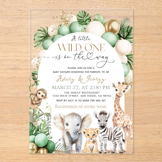 Safari Animal Tropical Green Wild One Baby shower Acryl Uitnodigingen (Voorkant)