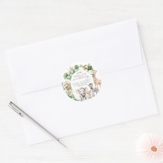 Safari Animal Tropical Green Wild One Baby shower Ronde Sticker (Envelop)