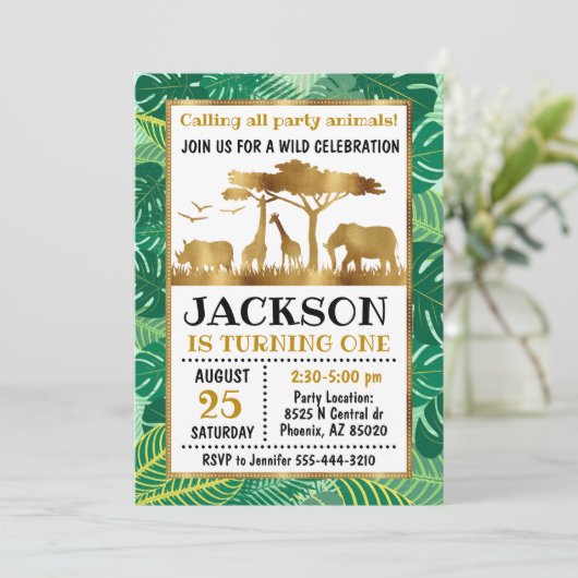 Safari animal-uitnodiging, Oerwoud-verjaardag Kaart (Staand voorkant)