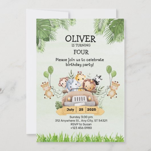 Safari Animal Verjaardag 4e Uitnodiging Flat Kaart (Voorkant)