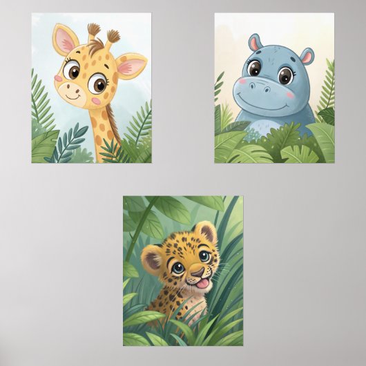 Safari Animal Waterverf Nursery Wall Art Set van 3 (Voorkant)