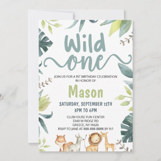 Safari Animal Wild Eén Oerwoud 1e verjaardag Kaart (Voorkant)