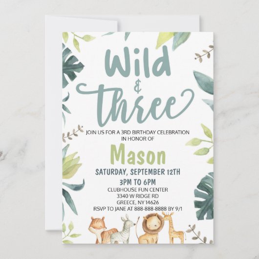 Safari Animal Wild en Drie derde verjaardag Kaart (Voorkant)