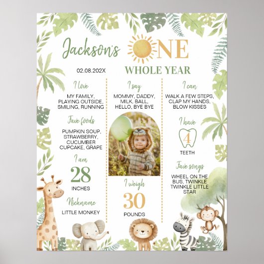Safari Animal Wild One 1st Birthday Milestone Sign Poster (Voorkant)