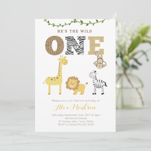 Safari animal zoo First Birthday Party Kaart (Staand voorkant)