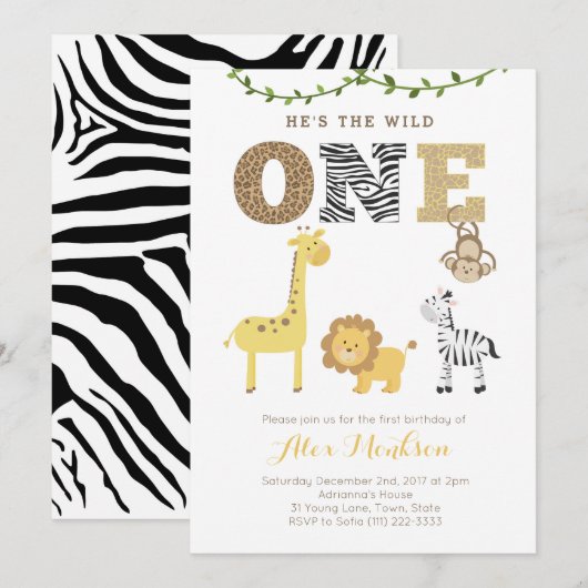 Safari animal zoo First Birthday Party Kaart (Voorkant / Achterkant)