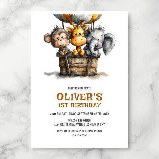 Safari Animals 1st Birthday Party Invitation Kaart