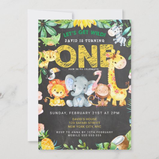 Safari Animals 1st Boy Verjaardag Krijtbord Oerwou Kaart (Voorkant)