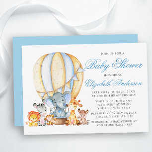 Safari Animals Air Ballon Baby shower Blue Silver Kaart