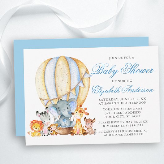 Safari Animals Air Ballon Baby shower Blue Silver Kaart