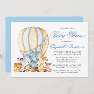 Safari Animals Air Ballon Blue Bow Baby shower Kaart