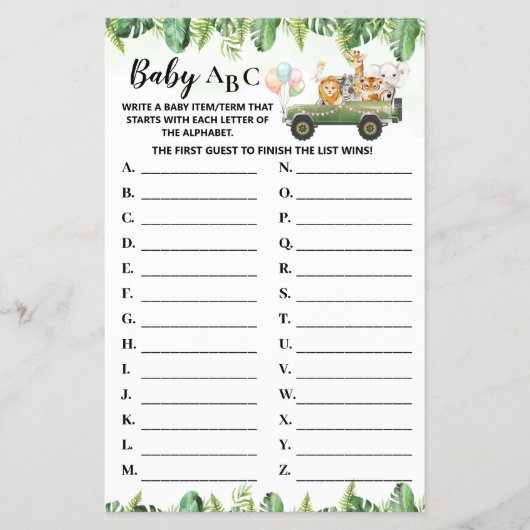 Safari Animals Baby ABC Baby shower Game Kaart (Voorkant)