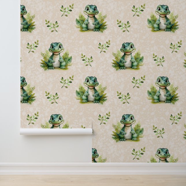 Safari Animals Baby Alligator Greenery on Cream Behang (Applicatie)