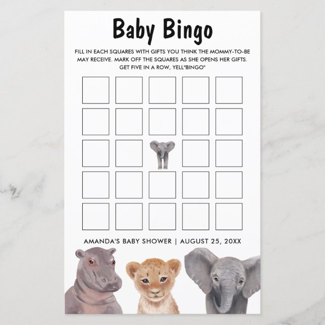 Safari Animals Baby Bingo Baby shower Games (Voorkant)