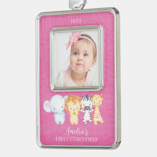 Safari Animals Baby eerste Verzilverd Omlijst Ornament (Links)