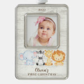 Safari Animals Baby eerste Verzilverd Omlijst Ornament (Voorkant)