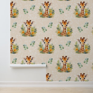 Safari Animals Baby Giraffe Greenery on Cream Behang