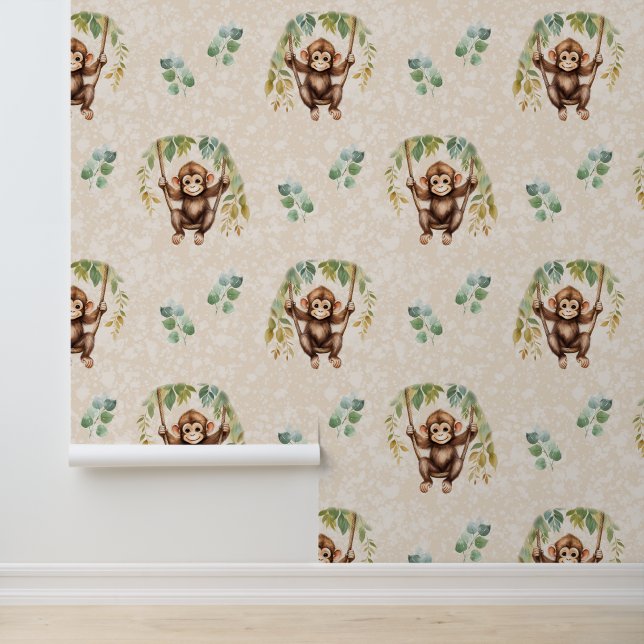 Safari Animals Baby Monkey Greenery on Cream Behang (Applicatie)