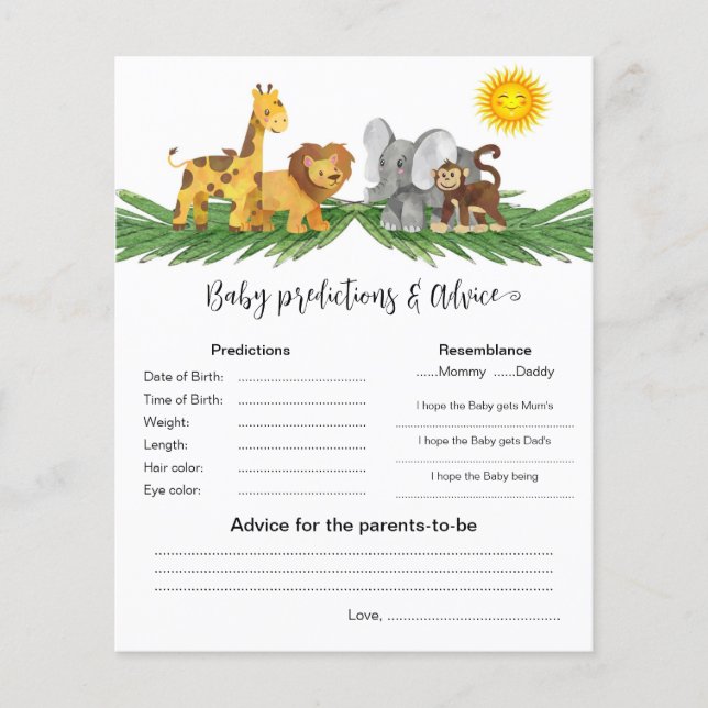Safari Animals Baby Predictions Best Shower Game (Voorkant)