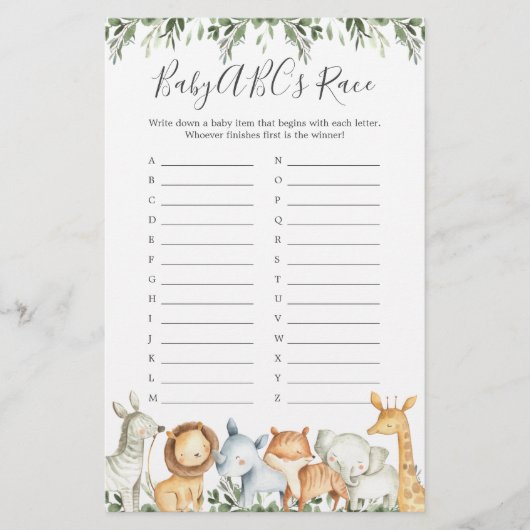 Safari Animals Baby shower ABC's Race Game (Voorkant)