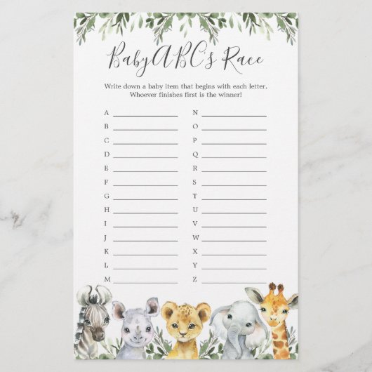 Safari Animals Baby shower ABC's Race Game (Voorkant)