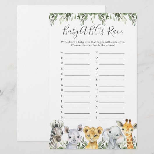 Safari Animals Baby shower ABC's Race Game (Voorkant / Achterkant)