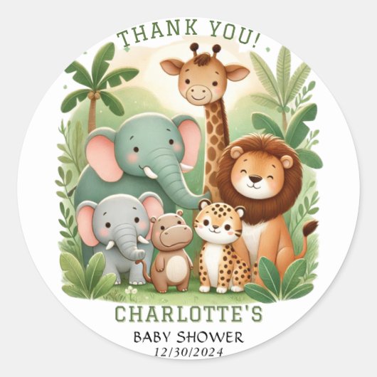 Safari Animals Baby shower Bedankt Ronde Sticker (Voorkant)