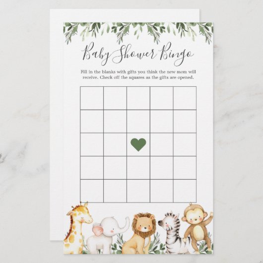Safari Animals Baby shower Bingo Game (Voorkant / Achterkant)
