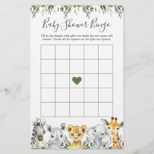 Safari Animals Baby shower Bingo Game