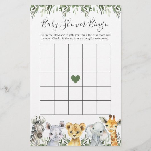 Safari Animals Baby shower Bingo Game (Voorkant)