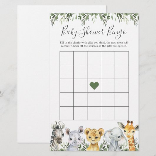 Safari Animals Baby shower Bingo Game (Voorkant / Achterkant)