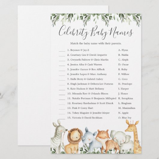 Safari Animals Baby shower Celebrity Baby Names (Voorkant / Achterkant)