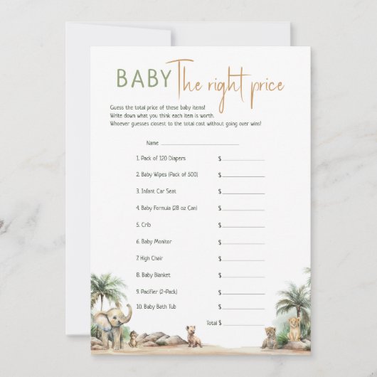 Safari Animals Baby shower de juiste prijs Kaart (Voorkant)