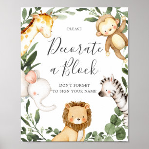 Safari Animals Baby shower Decorate a Block Sign Poster