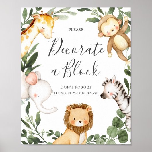 Safari Animals Baby shower Decorate a Block Sign Poster (Voorkant)
