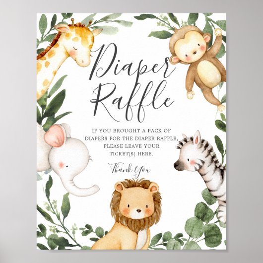 Safari Animals Baby shower Diaper Raffle Sign Poster (Voorkant)