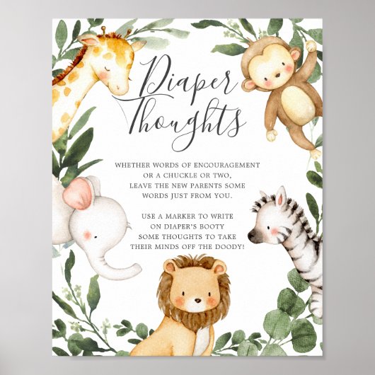 Safari Animals Baby shower Diaper Thoughts Sign Poster (Voorkant)