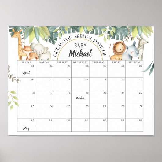 Safari animals baby shower due date gaming poster (Voorkant)