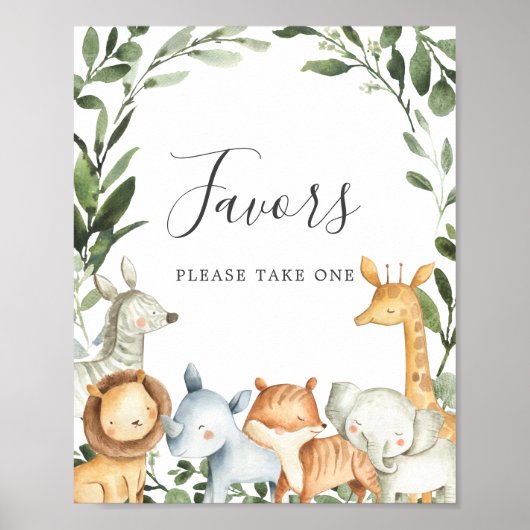 Safari Animals Baby shower Favors Sign Poster (Voorkant)