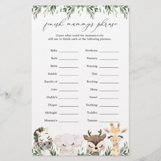 Safari Animals Baby shower Finish Mummy's Phrase (Voorkant)