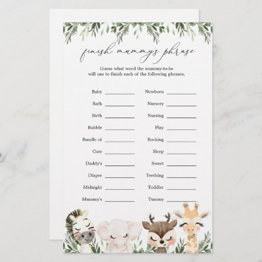 Safari Animals Baby shower Finish Mummy's Phrase (Voorkant / Achterkant)
