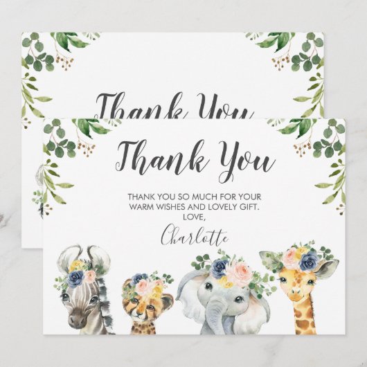Safari Animals Baby shower Hartelijk dank Kaart (Voorkant / Achterkant)