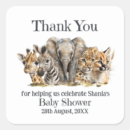 Safari Animals Baby shower Hartelijk dank Vierkante Sticker (Voorkant)