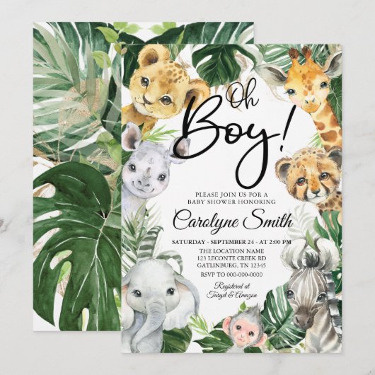 Safari Animals Baby shower Invitation Boy Kaart (Voorkant / Achterkant)