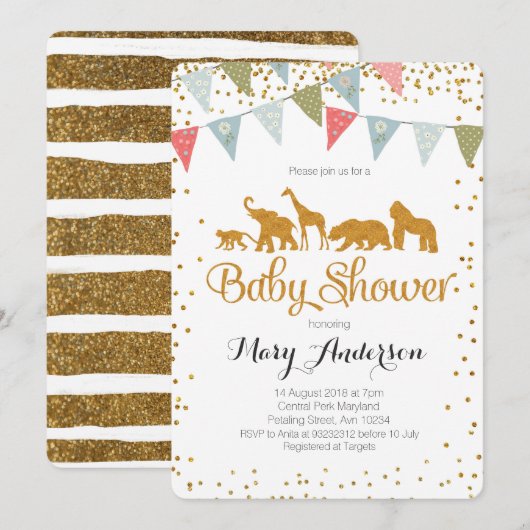 Safari Animals Baby shower Invitation Gold Glitter Kaart (Voorkant / Achterkant)