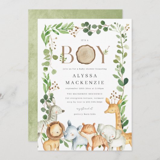 Safari Animals Baby Shower Invitation Kaart (Voorkant / Achterkant)