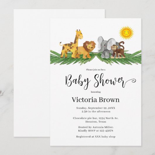 Safari Animals Baby Shower Invitation Kaart (Voorkant / Achterkant)