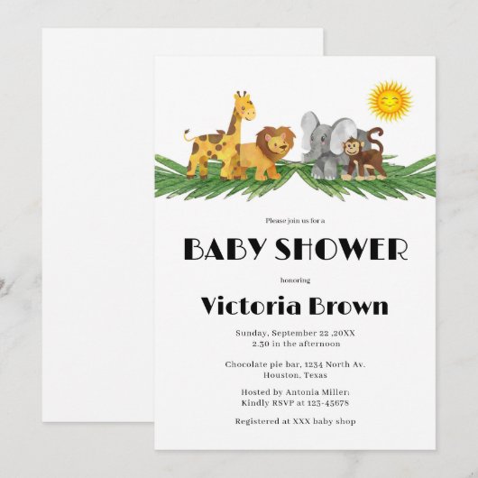 Safari Animals Baby Shower Invitation Kaart (Voorkant / Achterkant)