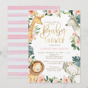 Safari Animals Baby Shower Invitations for Girls Kaart