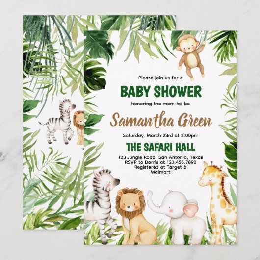 Safari Animals Baby shower Kaart (Voorkant / Achterkant)